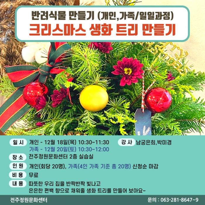 반려식물만들기(크리스마스 생화 트리 만들기/개인,가족 원데이)